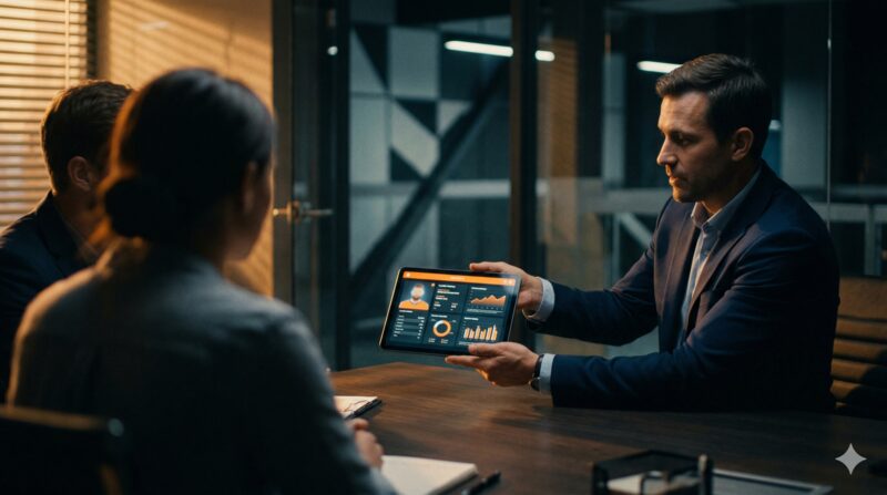 Agent presenting player statistics on tablet to a club